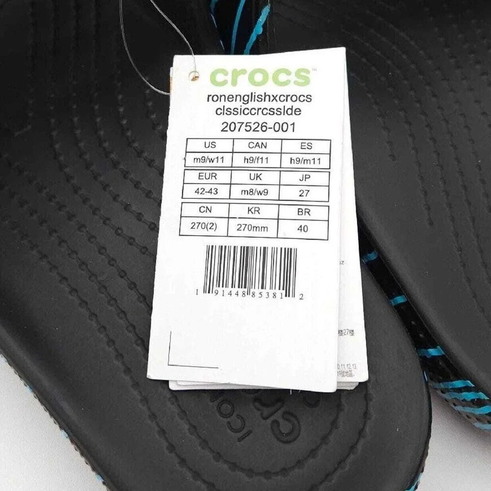 Crocs Mens 9 Womens‎ 11 Black Blue Slide Ron English Classic Zebra Print Sandals